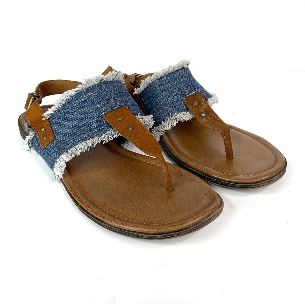 Minnetonka Brown Leather and Blue Denim Fringe Thong Sandals